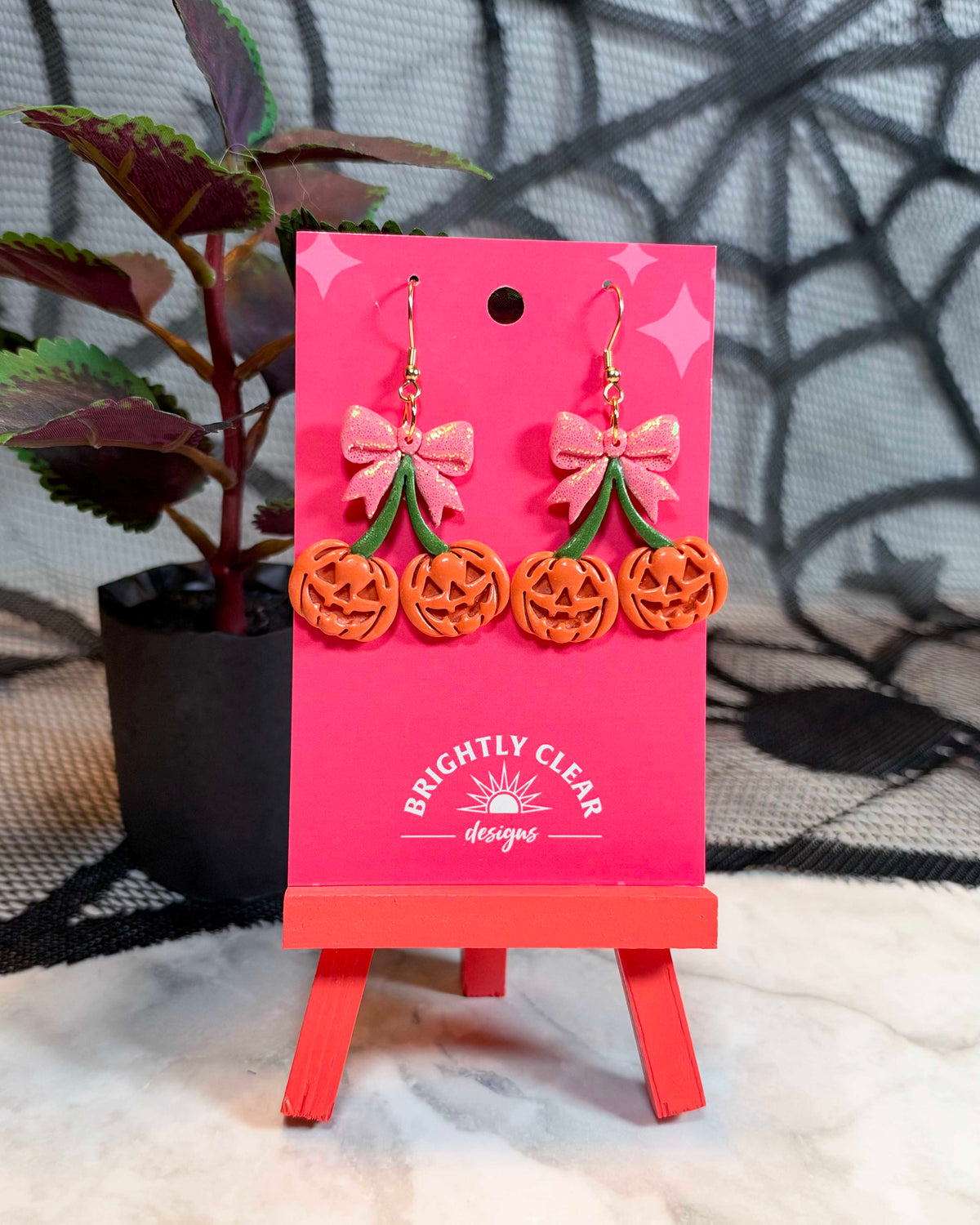 Jack-o'-Lantern Cherry Bow Earrings