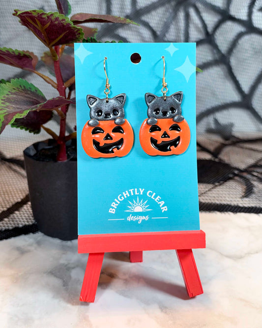 Jack-o'-Lantern Peekaboo Cat Earrings