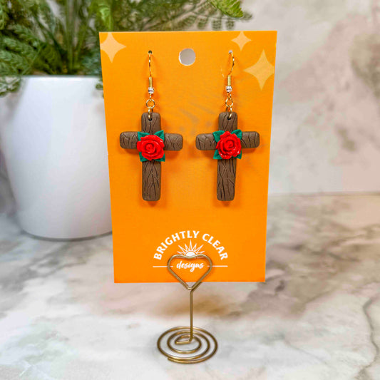 Wooden Cross Earrings