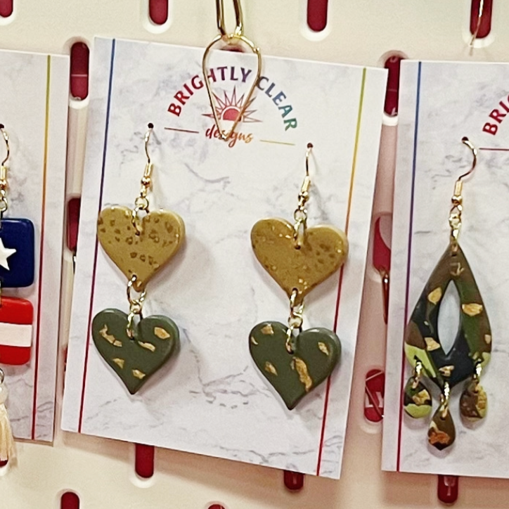 Green & Tan Gold-leaf Heart Earrings