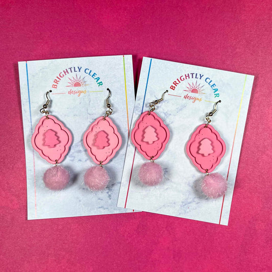 Pink Pom Pom Tree Earrings