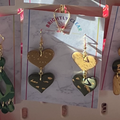 Green & Tan Gold-leaf Heart Earrings